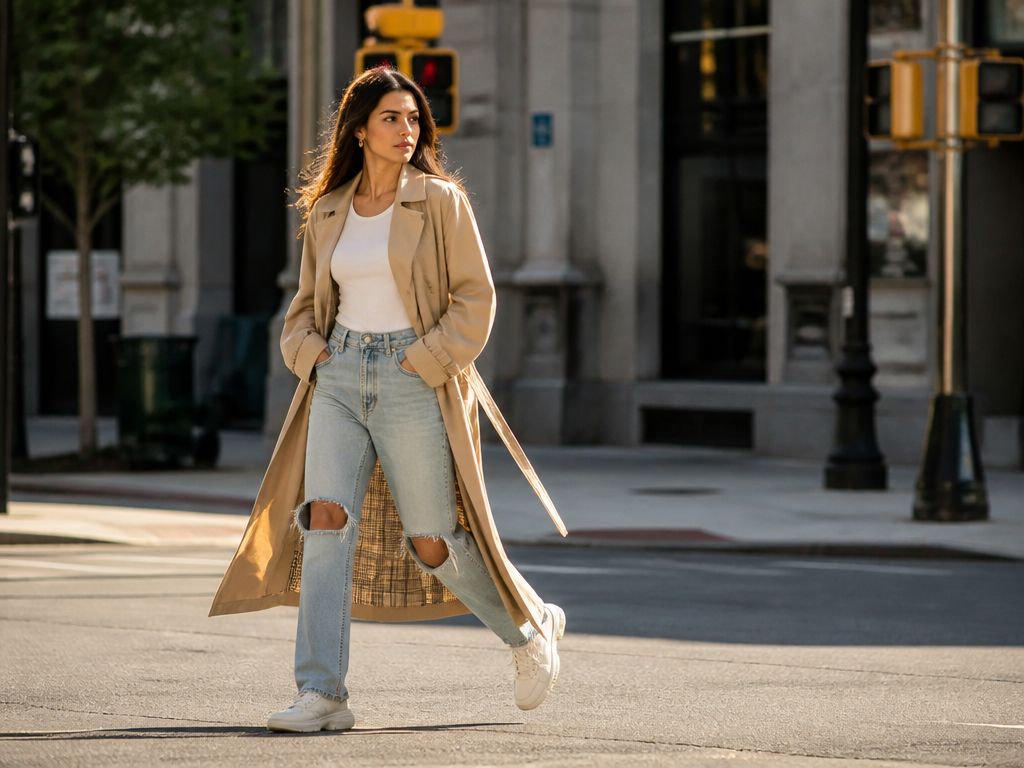 Kobieta w beżowym trenczu i jasnych jeansach z dziurami idzie słoneczną miejską ulicą. Stylizacja street style.