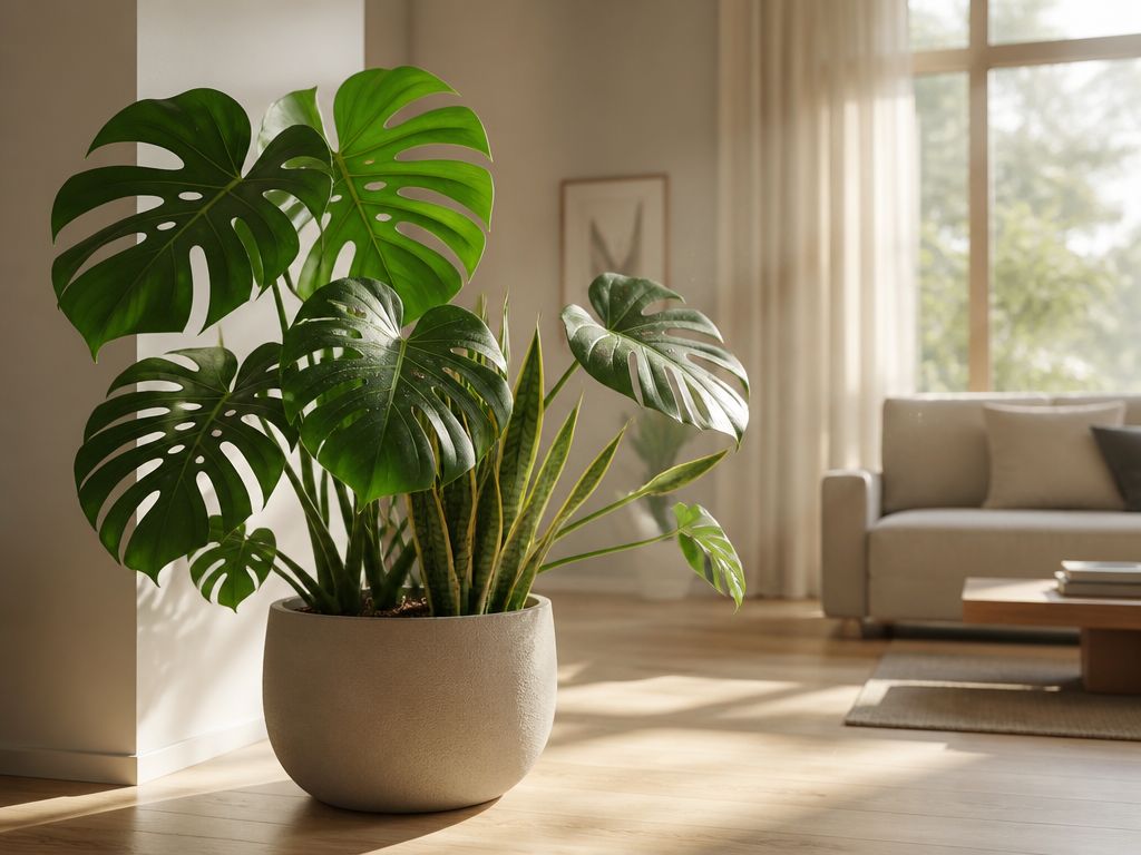 Monstera i sansewieria w glinianej donicy na drewnianej podłodze w nasłonecznionym, nowoczesnym salonie.