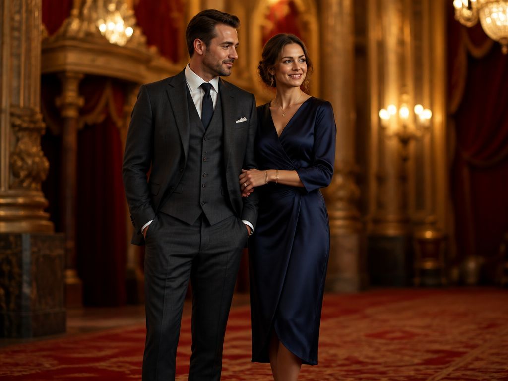 Elegancka para w garniturze i jedwabnej sukni w bogato zdobionym foyer teatru z czerwonym dywanem i żyrandolami.
