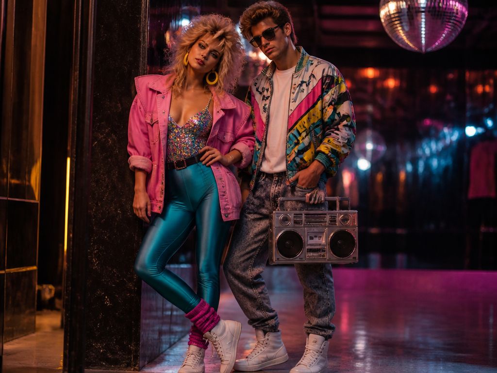 Para w jaskrawych strojach z lat 80. pozuje na tle neonowej ściany w klubie, mężczyzna trzyma magnetofon boombox.