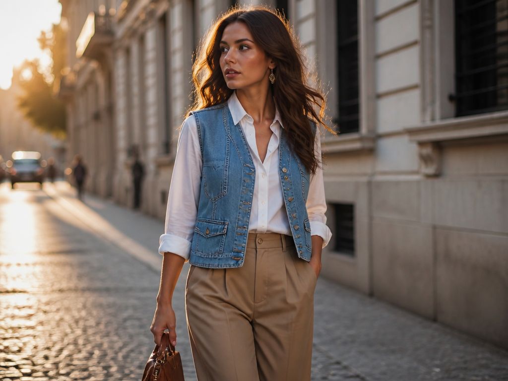 Kobieta w jeansowej kamizelce, białej koszuli i brązowych spodniach idzie słoneczną miejską ulicą. Stylizacja high fashion.