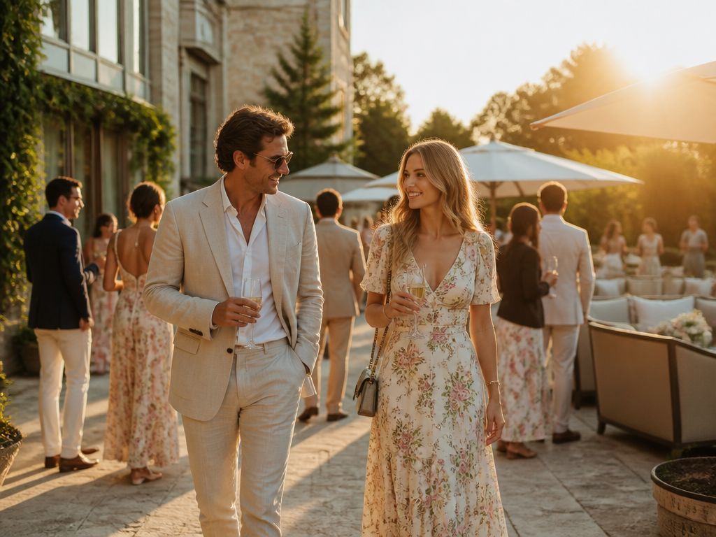Eleganckie przyjęcie w ogrodzie, para w strojach smart casual na słonecznym tarasie dworu podczas złotej godziny.