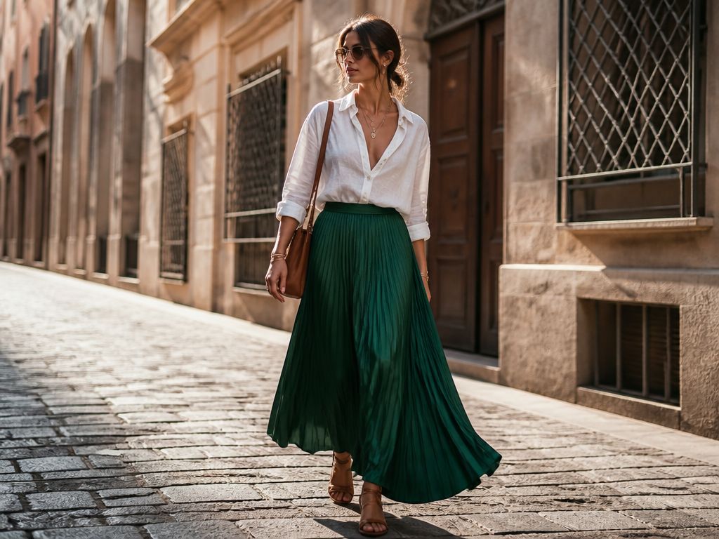 Kobieta w szmaragdowej spódnicy maxi i lnianej koszuli idzie brukowaną ulicą europejskiego miasta, stylizacja street style.