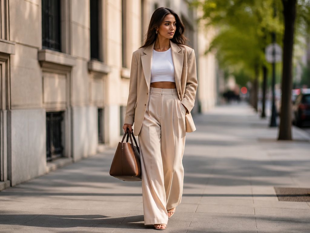 Stylowa kobieta w beżowej marynarce i szerokich spodniach idzie nowoczesną ulicą, trzymając skórzaną torebkę. Street style.