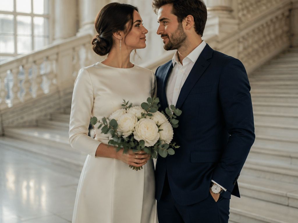 Elegancka para w jedwabnej sukience i granatowym garniturze na tle marmurowych schodów w słonecznym wnętrzu.