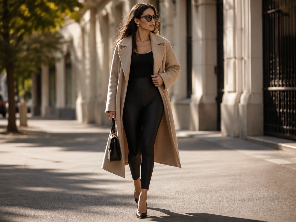 Kobieta w beżowym płaszczu, czarnych legginsach i szpilkach idzie słoneczną ulicą. Modna stylizacja street style.