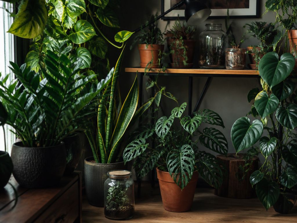 Kącik urban jungle z roślinami Monstera i Zamioculcas w nasłonecznionym, stylowym salonie. Rośliny doniczkowe na podłodze i półce.