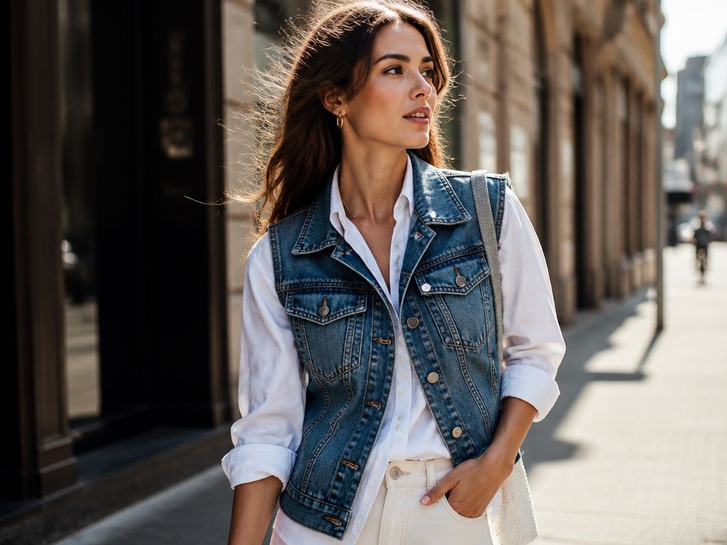 Kobieta w modnej jeansowej kamizelce na słonecznej ulicy miasta, detale materiału denim na rozżytym tle.