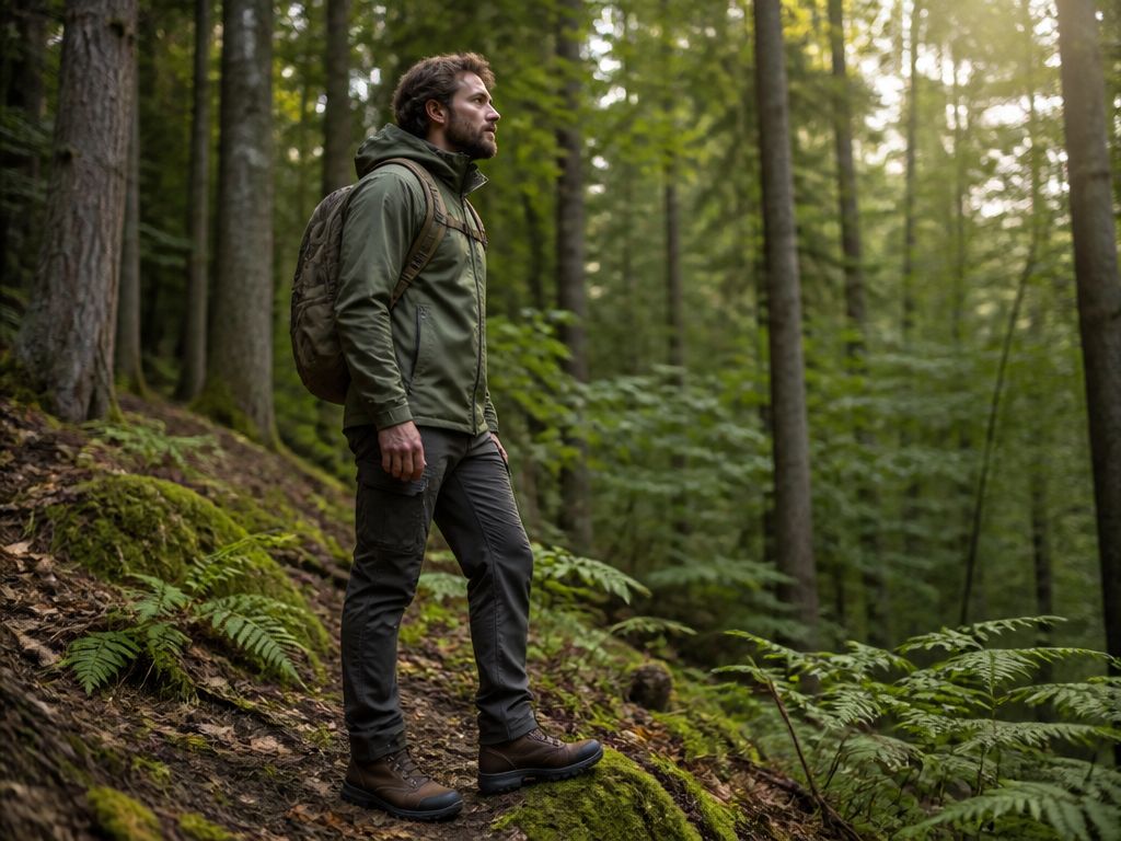 Turysta w oliwkowej kurtce trekkingowej i butach górskich stoi w lesie. Zbliżenie na profesjonalną odzież outdoorową.