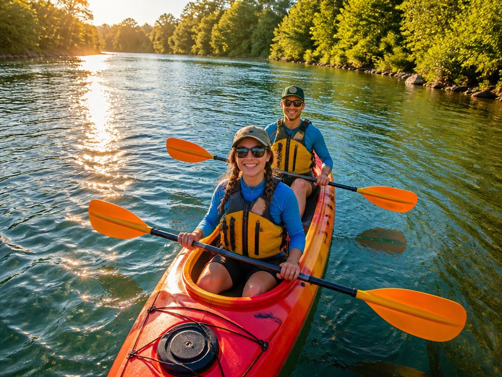 Uśmiechnięta para w kolorowym kajaku płynie po rzece w otoczeniu lasu. Sportowa odzież, kamizelki i wiosła w świetle słońca.