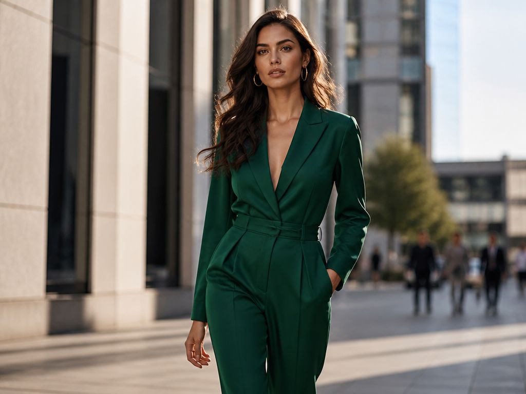 Kobieta w szmaragdowym kombinezonie idzie słoneczną miejską ulicą. Stylizacja typu street style na tle nowoczesnej architektury.
