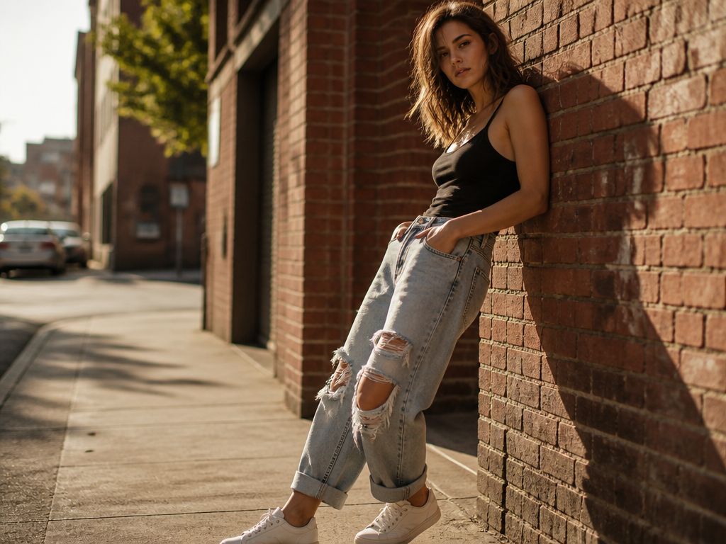 Kobieta w błękitnych jeansach typu boyfriend z dziurami, oparta o ceglaną ścianę w słoneczny dzień. Stylizacja vintage.