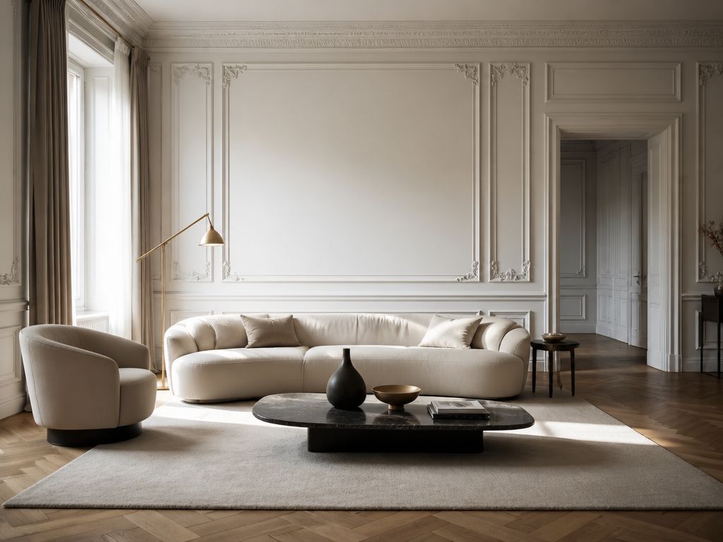 Luksusowy salon w stylu modern classic z białymi sztukateriami, jodełką na podłodze i beżowymi meblami.
