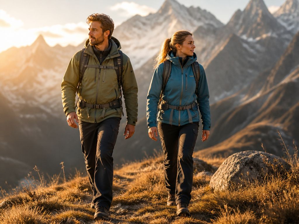 Para wędrowców na grani w odzieży technicznej Gore-Tex. Zbliżenie na fakturę kurtki i spodni trekkingowych. Tło z górami.