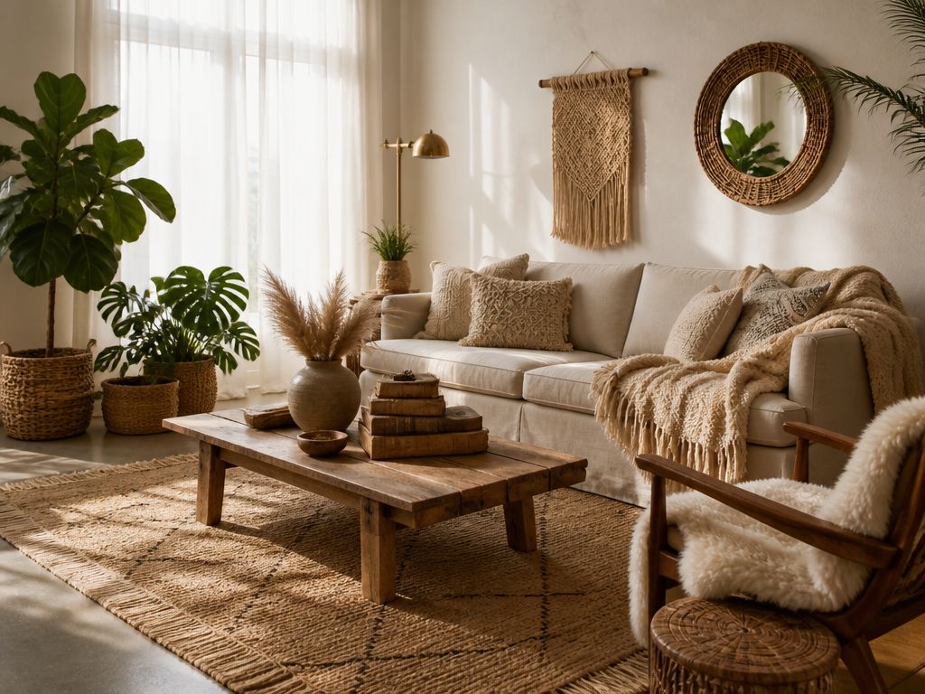 Jasny salon boho z lnianą sofą, drewnianym stolikiem i roślinami w plecionych koszach. W oknie białe firany i naturalne światło.