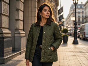 Stylowa kobieta w pikowanej oliwkowej kurtce z sztruksowym kołnierzem idzie nowoczesną ulicą w ciepłym świetle zachodzącego słońca.