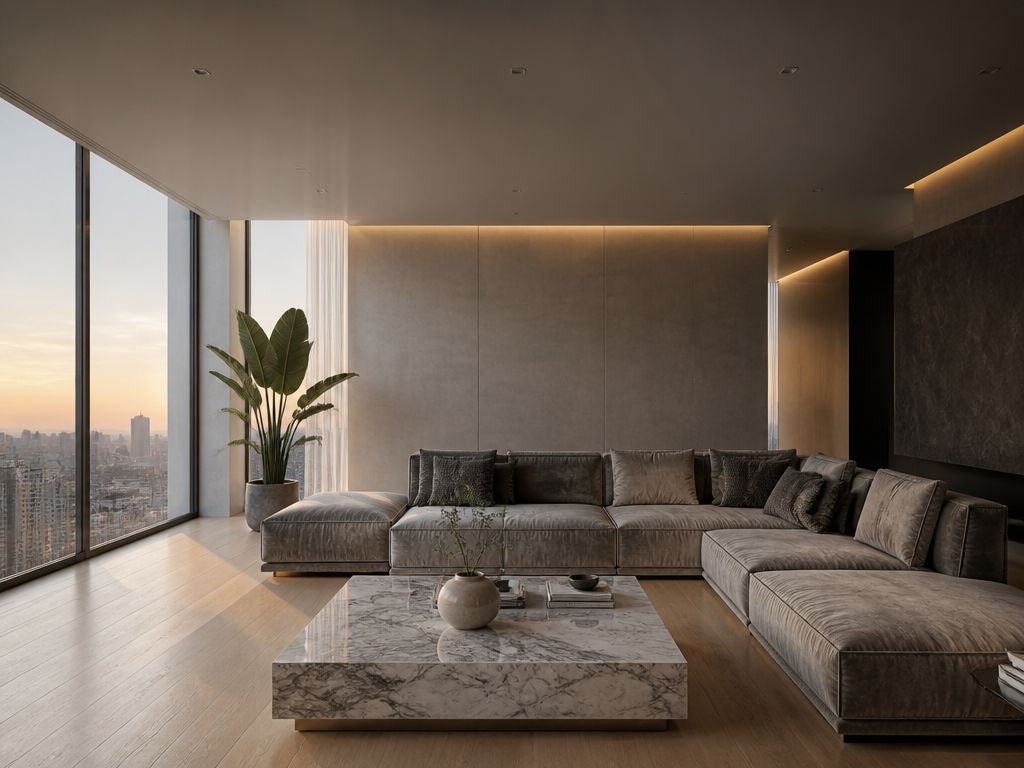 Nowoczesny minimalistyczny salon z szarą aksamitną sofą, widokiem na panoramę miasta o zachodzie słońca i dużą strelicją.