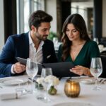 Elegancka para w nowoczesnej restauracji przegląda kartę menu przy luksusowo nakrytym stole.