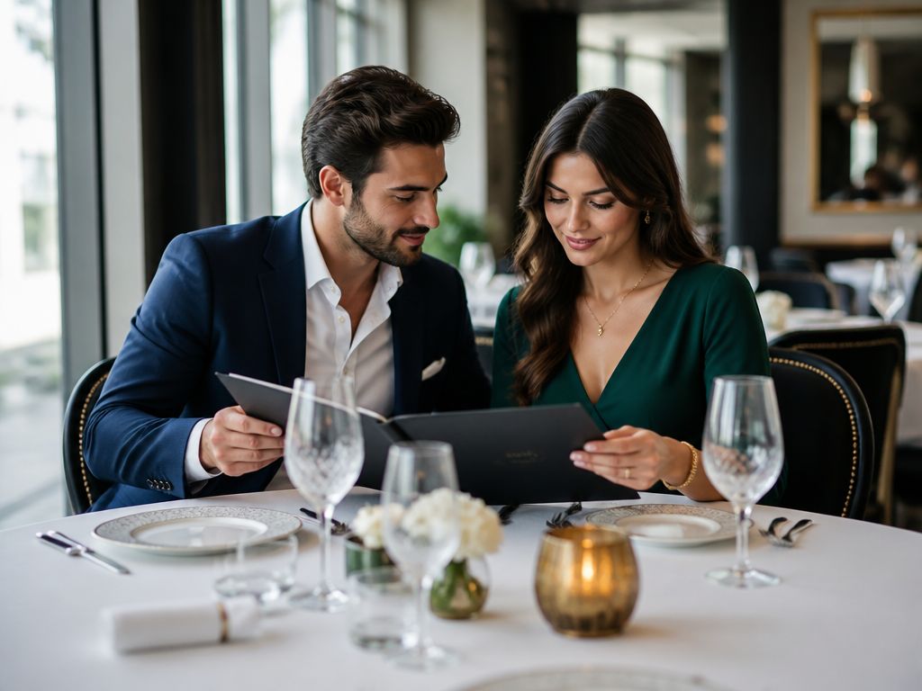 Elegancka para w nowoczesnej restauracji przegląda kartę menu przy luksusowo nakrytym stole.